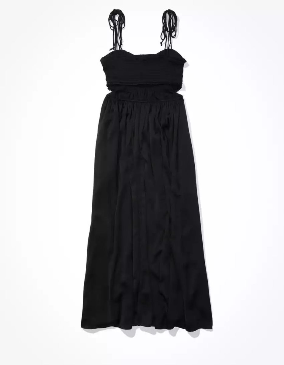 Robe Mi-longue American Eagle AE Silky Ruched Noir Femme | CFH-59847506